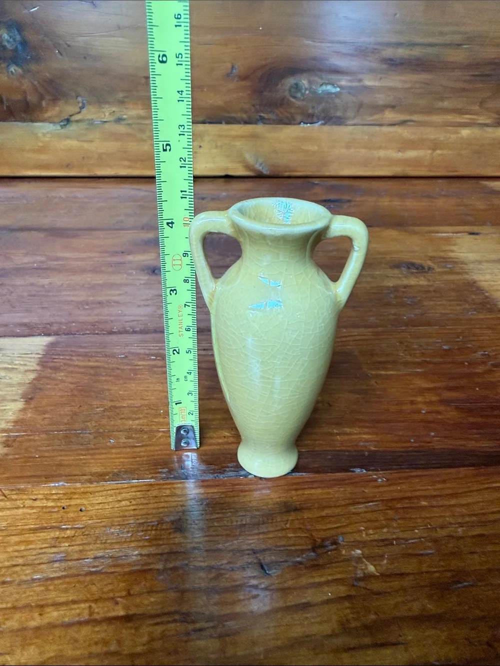 Yellow Crackled Ceramic Double-Handled Bud Vase